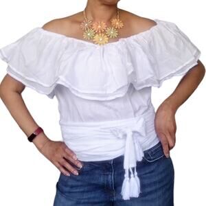 ERIKA PENA Rita Rumba Wrap Shirt ruffle tassel off shoulder top in white XS NEW